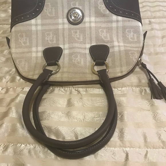 🎉SALE Rare Vintage Dooney & Bourke Brown/Beige Satchel w/ DB Medallion EUC - Picture 3 of 13